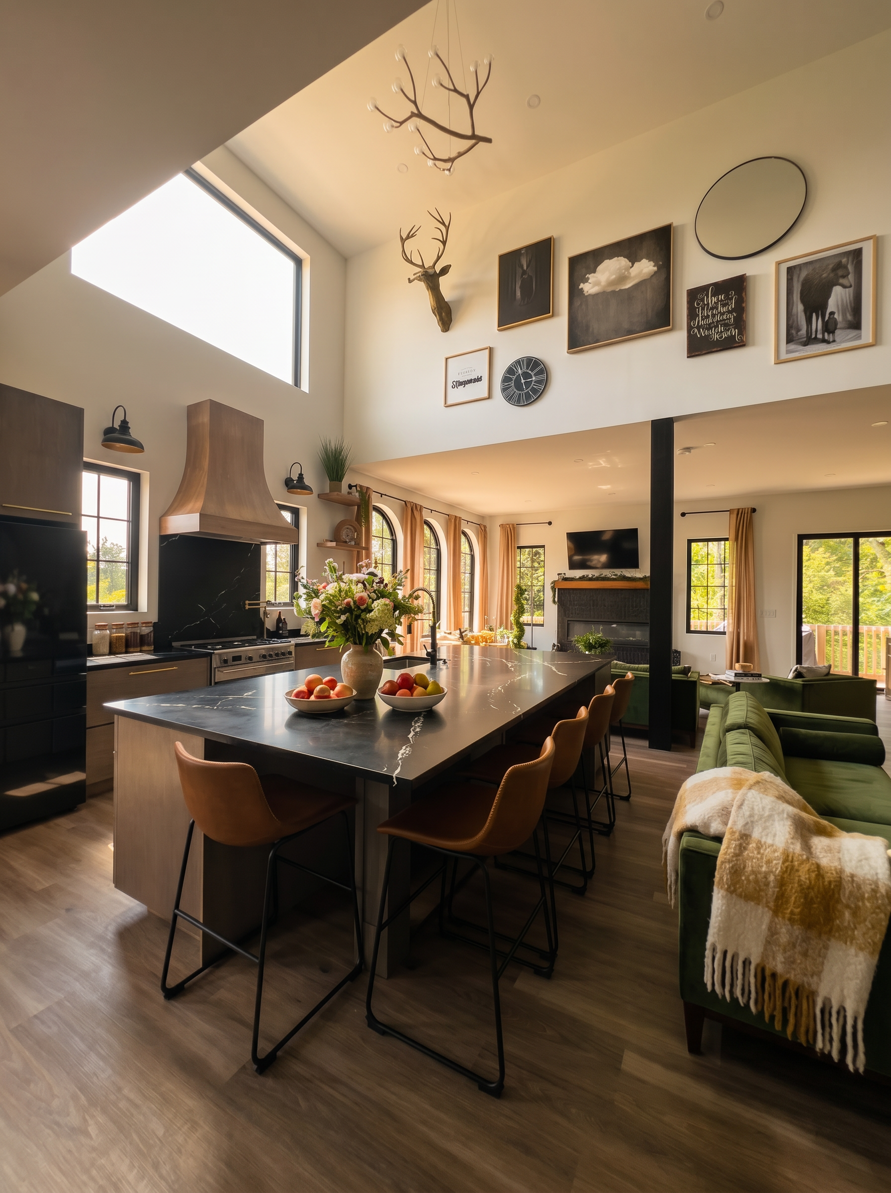 Modern kitchen renovation with black cabinetry and neon green accent lighting
